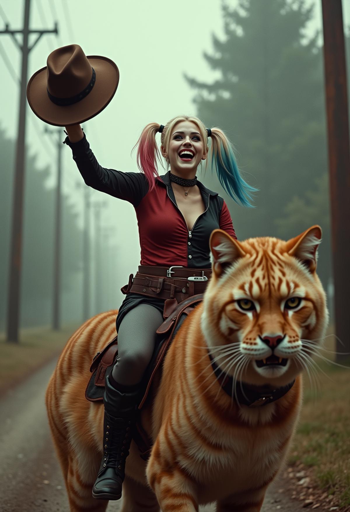 photograph An insanely happy Harley Quinn is heroicly riding a giant cat, she is grabbing the cat by the fur and one of her arms is in the air holding a cowboy hat. She is stupidly happy., 50mm . cinematic 4k epic detailed 4k epic detailed photograph shot on kodak detailed cinematic hbo dark moody, 35mm photo, grainy, vignette, vintage, Kodachrome, Lomography, stained, highly detailed, found footage