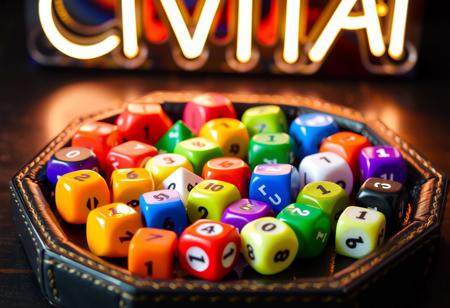 Many colorful polyhedral dice sit on a hexagonal leather dice tray. All of the dice show the number "1" on their top face.  A neon sign reads "CIVITAI" above.