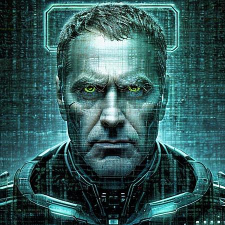 <lora:zhirik:1> Photo portrait of the old man is a colossal cyborg chosen one, world from digital symbols, black and green colors, matrix style, pacific rim style