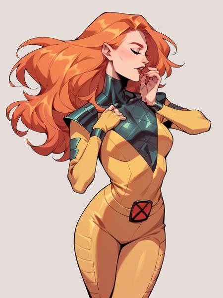 jean grey, 1girl, long hair, orange hair, yellow/green/red/white bodysuit green eyes, floating hair