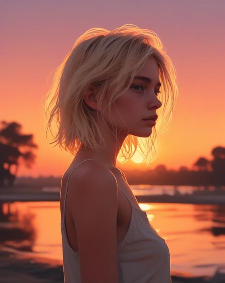 a solitary beautiful blonde girl,messy wob cut, set against a sunset time background, illustration style, aesthetic, best quality