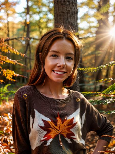 close-up portrait photo of ( St4c3yD00l3y , knitted sweater, smile+++, (light ginger hair)), (in a forest, autumn colors, warm sunlight)++, 8k uhd, high quality, dramatic, bokeh <lora:St4c3yD00l3y_V1:0.9>