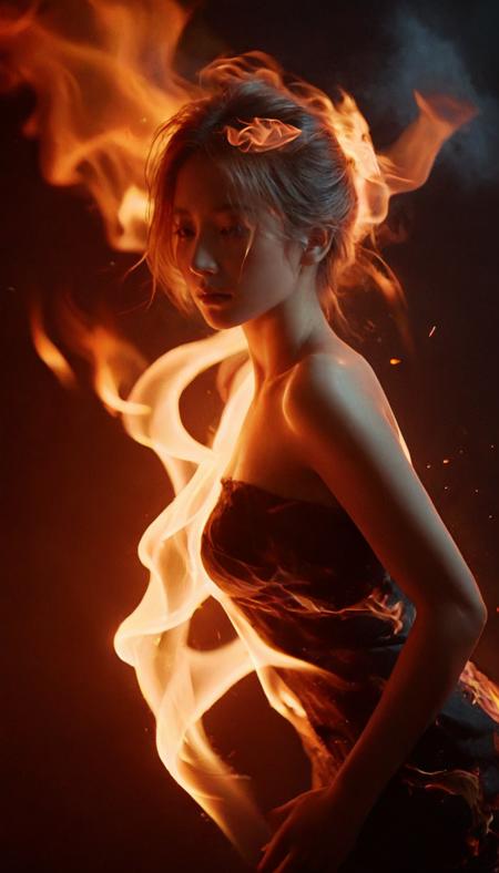 (fire element:1.1),composed of fire elements,(1girl:1.3),<lora:xl-shanbailing-1003fire-000010:0.75>,burning,transparency,fire,(molten rock),flame skin,flame print,fiery hair,smoke,cloud,(cleavage:0.3),small_breasts,(((a girl wrapped in flames soaring flames radiating sparks))),the burning hand,(white hair:0.85),(halter_dress:0.5),ultra wide,octane render masterpiece,ultra wide field,ultra dynamic lighting amazing shadows,Deep photo,depth of field,shadows,messy hair,(seductive silhouette play:0.9),(dark:0.8),nighttime,dark photo,grainy,(dimly lit:0.9),shot on RED camera,harsh camera flash ((eyes closed)),