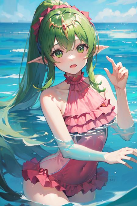 (best quality, masterpiece:1.1),  <lora:youngTiki_fe_v1:.7>, yTiki_fe, pink one-piece swimsuit, ocean, partially submerged