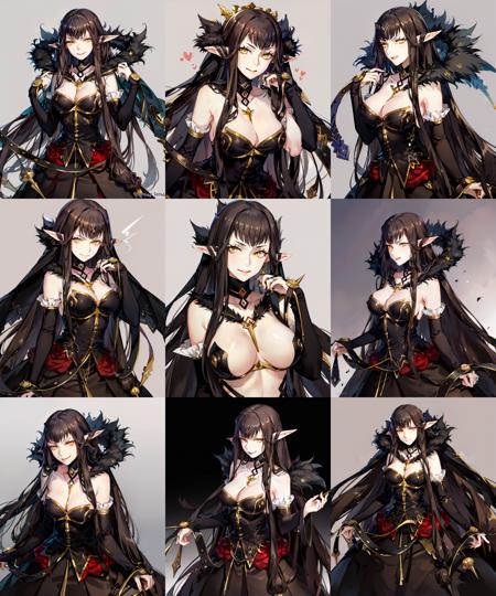 masterpieces,detailed,detailed eyes,mature female,milf, ((white skin)),(pale skin:1,.3),tall female,semiramis \(fate\),black dress, black fur trim, off shoulders,bare shoulders,cleavages,bridal gauntlets, ((masterpiece)) ,<lora:semi-08:1>,(smirk:1.2),black hair,long hair, yellow eyes,pointy ears, (slit pupils)