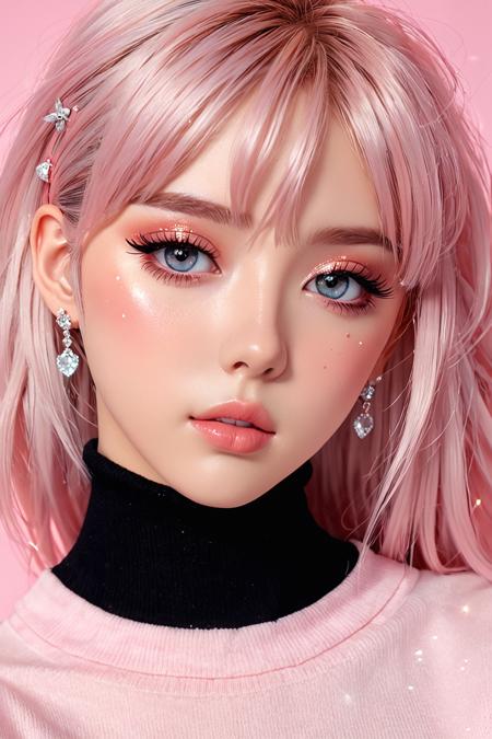 masterpiece, best quality, kawaii anime femboy, close-up portrait, upper body only, cute androgynous face, big sparkly eyes, soft blush, glossy lips, silky pastel hair, delicate features, dreamy expression, soft lighting, pastel color scheme, sparkles, heart motifs, frilly choker, fluffy background, soft cel shading, anime screencap, cozy oversized turtleneck hiding hands, camera-facing pose