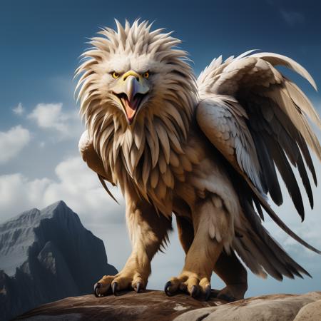 highly detailed documentary photo of griffon:1.3,

yellow eyes, beak, open mouth, ((full body)), 8k, intricate details, depth of field, cinematic,

masterpiece, best quality:1.1, 

ultra photoreal, photorealistic:1.0, sharp focus:1.1, 
depth of field:1.1, god rays:1.4,

50mm, style of Nathan Wirth, Hasselblad X1D II, Porta 160,
