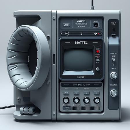 A front view of a strange medical device, on the left is of the device is an cylindrical opening lined with a padded material, the casing of the device is metallic and various buttons and a single CRT display on it, depicted in a photorealistic style. The style of the machine is a retro fusturistic style and boxy