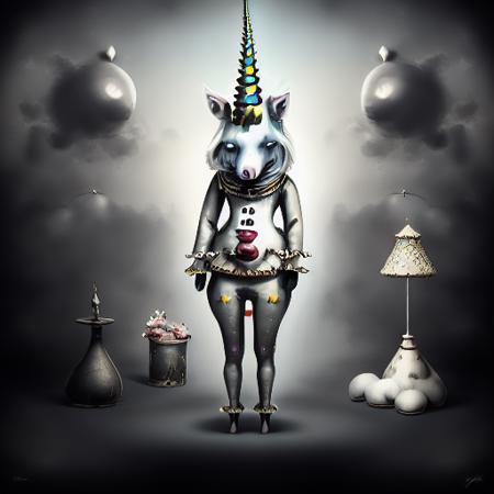 a surrealist sleepyheaded unicorn wearing pajamas inspired by Davegore and Yves Tanguy and Kahn Nova and Mark Ryden, muted colors, 128k, photorealistic, Houdini 3d, extremely intricate, ultradetailed, cinematic lighting, epic composition , <lora:LilYunicorn2-05:1> <lora:chibiStyle_v1:1> <lora:inkWashPaintingSumiE_v01:1>