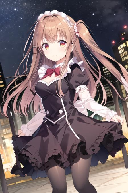 masterpiece, best quality, <lora:himenosena:0.8>, glowing eyes, 1girl, smile, maid dress, pantyhose, ponytail, standing, night sky, city street, city buildings background, extremely detailed background