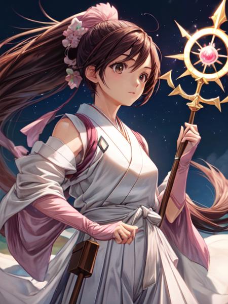 best quality, masterpiece, highres, detailed, perfect anatomy,  <lora:Detail - add_detail:0.2>, brown eyes, long hair, ponytail, staff, white japanese clothes, white hakama, pink gauntlets, <lora:Character - Tokine:0.8>