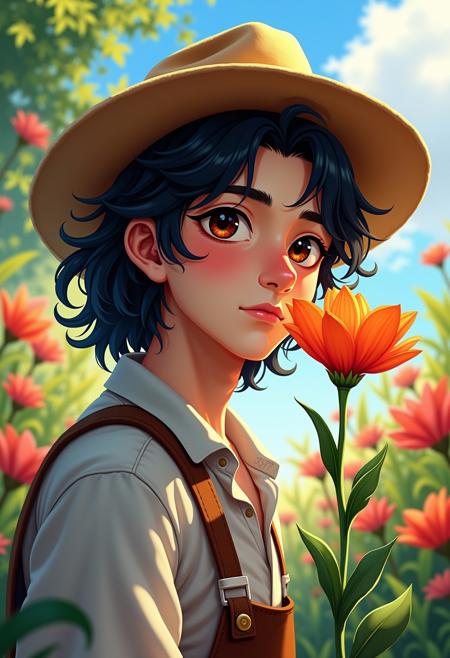 Highly detailed digital art of 1 male, solo, beautiful masculinity, half asian, long wavy black hair, brown eyes, kind eyes, gardener, groundskeeper, wide brim straw hat, lush garden, colorful flowers, dappled sunlight, best quality, nature, surreal, impressionism, gorgeous flower by his face