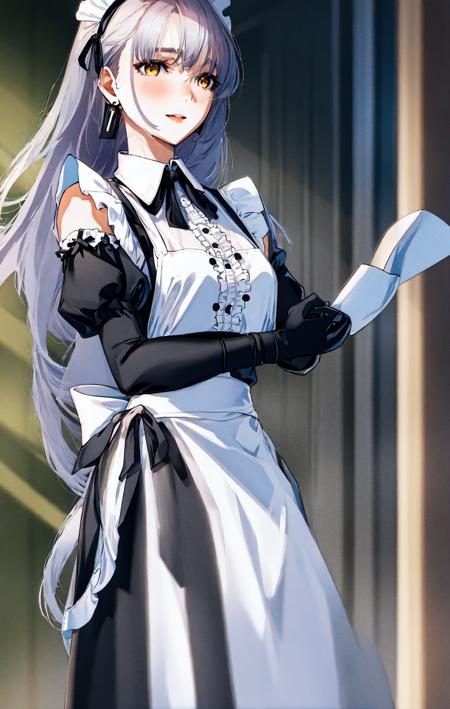 1girl, apron, bangs, black_dress, blurry, blurry_background, blurry_foreground, blush, breasts, cross_earrings, depth_of_field, dress, earrings, eyebrows_visible_through_hair, frills, gloves, jewelry, juliet_sleeves, large_breasts, long_hair, long_sleeves, looking_at_viewer, maid, maid_apron, maid_headdress, mole, puffy_sleeves, silver_hair, smile, solo, v_arms, very_long_hair, white_apron, window, yellow_eyes<lora:style_YoneyamaMaiSTD:1>