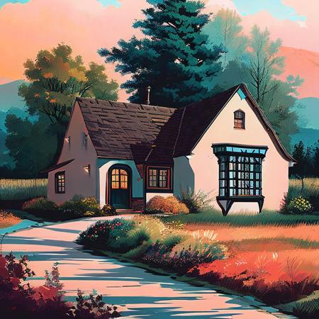 a landscape painting of a English cottage in the countryside,  inkpunkLandscapes768, f/1.4, square image, close up film photo, portrait of a Young Woman, blue black wavy, blue green eyes, exotic jewelry, elegant pose, atmospheric lighting, cinematic composition, detailed, autumn, filmgenre__