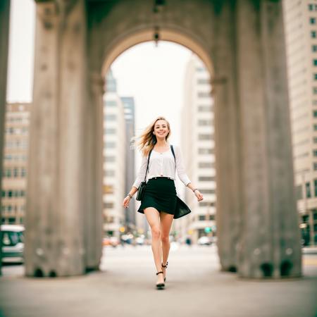 <lora:shallowfocus_style_v1_2700_lora:1> (shallowfocus style:1), crane shot photo of woman walking in a city, smiling face