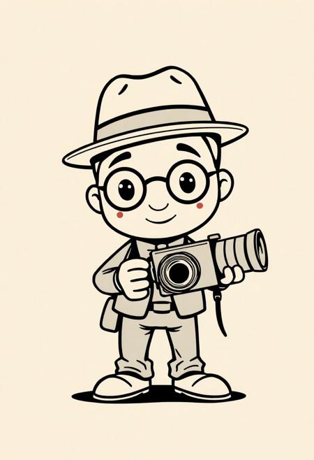 Charming vintage cartoon street photographer mascot with camera, in 1940s screen printing. Extremely simplified shapes, chibi proportions, thick outline, fedora hat, bow tie, minimal shapes except dots and curved lines, single color ink drawing In the style of 1950s comic book covers. Perfect for retro t-shirt printing. Beige background