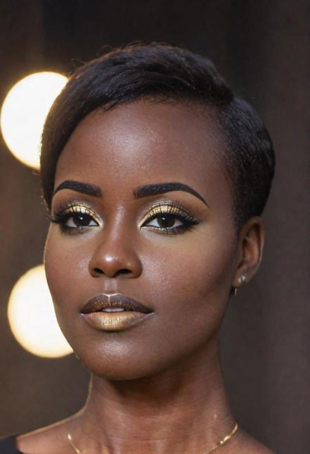 an eye contact of a Ugandan woman, (black skin:1.3), yellow spotlight, dark theme, lonely, Lavish, Matte black eyeshadow with a cut crease, metallic lipstick, golden ratio, Almond-shaped eyes, Freckles, indietronica, soft lighting, bokeh, selfie at work, strong feminine, business, office, (formal clothing:1.2), cleavage, 20 Years old, Skinny, Busty thighs, Bangs, beautiful, sports photography, nice tits, wide hips, slim waist, thick, big ass, horny, fitness, gym, nike leggings, camel toe, exercise clothing, wedgie, oiled, tight, brown hair, full body