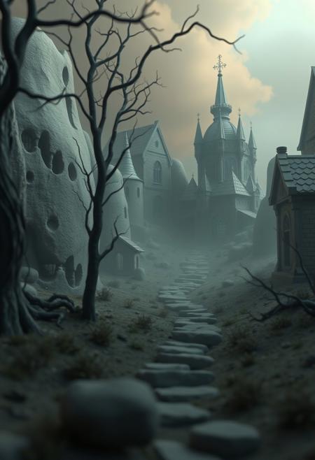 A digital 3D model rendering a creepy, dreamlike Renaissance landscape in soft pastel colors with dark tones and unsettling details. The overall mood is gentle and soothing. Friends don't let other friends do stupid things...on their own! is subtly integrated.