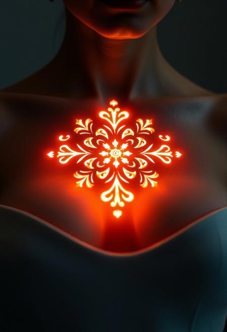subdermal LED brooch, (internal LED glow:1.7), (embedded LEDs:1.7) forming a glowing pattern resembling an iconic brooch design beneath the skin, soft radiant light shaping intricate patterns on the chest, (regal light patterns:1.6), glowing light seamlessly integrated under the skin, (natural skin tone:1.5), ultra-realistic textures, (high-definition:1.7), radiant glow following natural curves, (worn brooch:-1.8), (visible external jewelry:-1.8), (clunky design:-1.5), smooth transitions of light beneath the skin, bold yet refined elegance, timeless and sophisticated for formal or casual settings