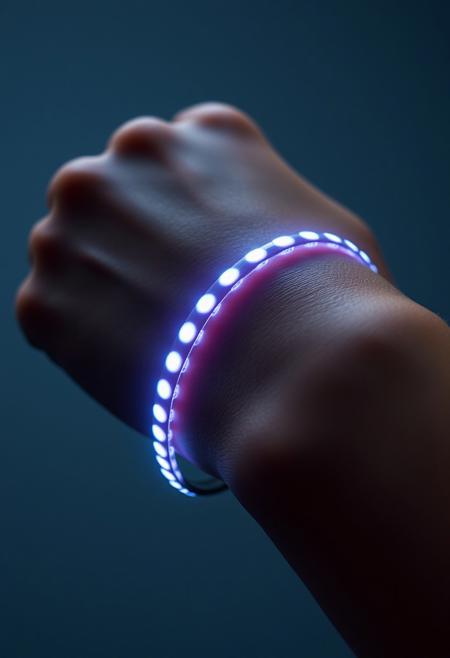 subdermal LED tennis bracelet, (internal LED glow:1.7), (embedded LEDs:1.6) forming a seamless row of glowing light beneath the wrist skin, soft radiance mimicking a classic tennis bracelet, (evenly spaced LED glow:1.6), natural skin tone with soft light diffusion, (high-definition:1.6), ultra-realistic textures, glowing circles following the wrist contour, (classic bracelet light pattern:1.5) beneath the skin, perfect for everyday and formal wear, (worn bracelet:-1.8), (visible jewelry:-1.8), (clunky design:-1.5), seamless integration of light and skin, modern and minimalistic, smooth radiant transitions
