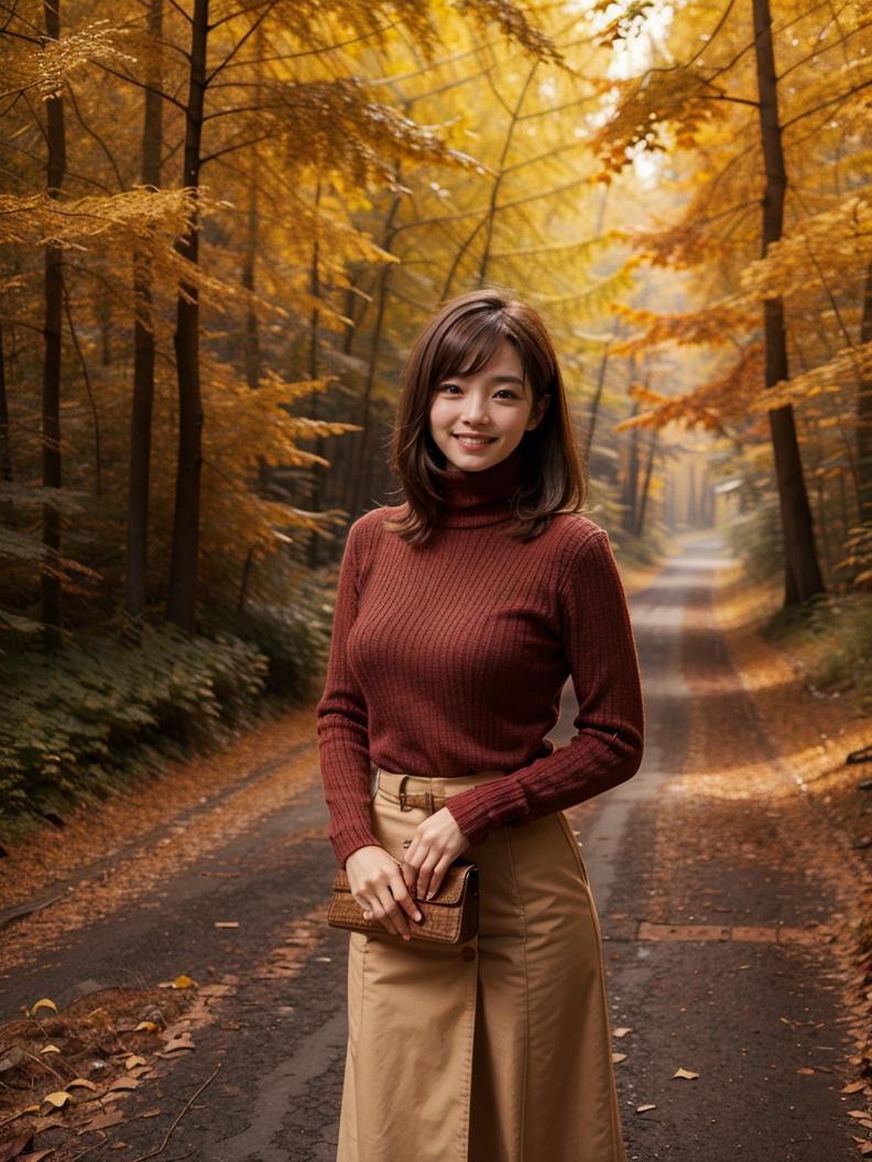 <lora:ReaLora:0.5> (realistic, photorealistic:1.37),
<lora:JP_FallForest-v1:0.8> outdoors, forest, autumn, jpfall, (red theme:1.2),
1girl, asian, brown hair, bangs,
cowboy shot, standing,
turtleneck, sweater, long skirt, looking at viewer, smile,