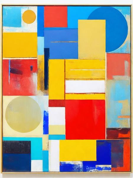 <lora:RobertRauschenberg:1>an abstract painting with red, yellow, and blue colors on a white background by Robert Rauschenberg