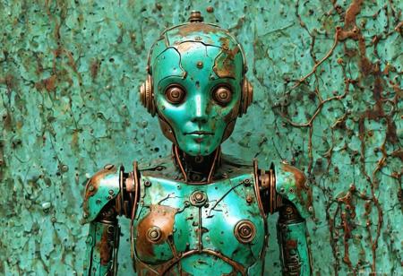Adorable miniature robot, patina metal skin, PMS style, tiny weathered copper chassis, microscopic rust patterns, delicate verdigris blooms, tarnished brass components, oxidized silver joints, aged patina finish, intricate surface corrosion detail, vintage clockwork aesthetics, soft natural lighting, macro photography depth, steampunk workshop setting, 8k detail, award winning composition