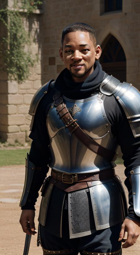 close-up, Man ((Will Smith, knight, near a castle)), looking at viewer, wearing (cuirass, gorget, pauldron, couter, vambrace, gauntlets, cuisses, greaves, sabatons, poleyn, tasses, plackard, rerebrace, breastplace, faulds, scabbard, gardbrace, shoulder armor), HDR
