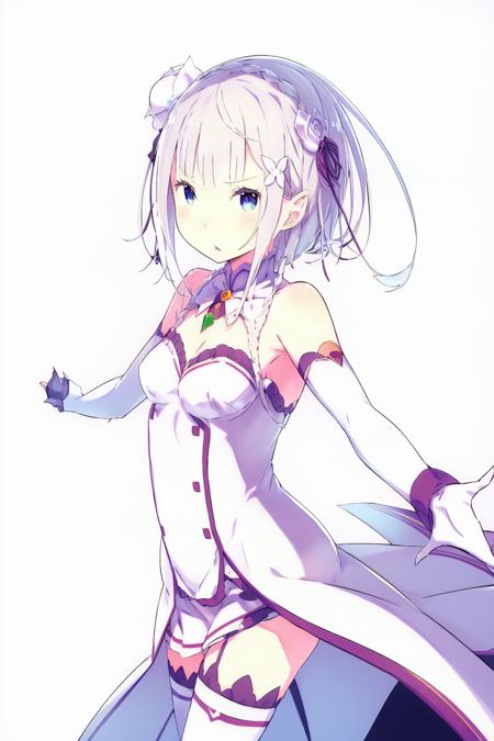 masterpiece,1girl, solo, gloves, elbow gloves, blue eyes, thighhighs, dress, white gloves, white thighhighs, looking at viewer, breasts, crown, white dress, veil, short hair, center opening, white hair, small breasts, white background, bare shoulders, outstretched arms, parted lips, simple background, bangs,emilia (re:zero)  <lora:emilya:1>