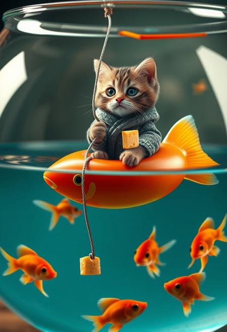 "Create a whimsical and realistic digital artwork featuring a miniature scene of an adorable cat dressed in fisherman clothing, sitting on a fish-shaped inner tube floating on the surface of the water in a large fishbowl. The cat should be tiny in comparison to the fishbowl, with a sense of vulnerability and determination. The cat should be holding a long piece of string, with a piece of cheese tied to the end as bait, under the water. The string should be rendered in intricate detail, with visible texture and subtle shading that captures the delicate fibers and threads. The cheese should be depicted as a tantalizing treat, with a subtle sheen and texture that captures its creamy surface. The goldfish should be swimming around the bowl, with intricate details that capture their scales, fins, and movements. The fish-shaped inner tube should be rendered in bright, vibrant colors, with a smooth, rubbery texture that captures its inflatable surface. The overall effect should be one of enchanting realism, as if the viewer could reach out and touch the fishbowl and feel the excitement of the cat's fishing adventure." Highest-Quality, 4k, intricate details, visually stunning, Masterpiece