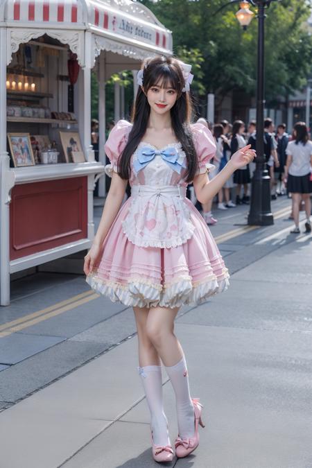 best quality, quality, masterpiece, photorealistic, 1girl, solo, full body, standing, long black hair, straight hair, blunt bangs, looking at viewer, smile, cyb dress, bow, apron, frills, puffy short sleeves, hair ornament, white thighhighs, high heels, amusement park, people, <lora:sweet_attire_style1_v1:0.65>