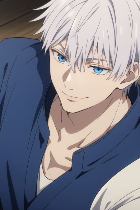 satoru gojo,1boy,solo,male focus,white hair,short hair,hair between eyes,blue eyes,upper body,colored eyelashes,smile,