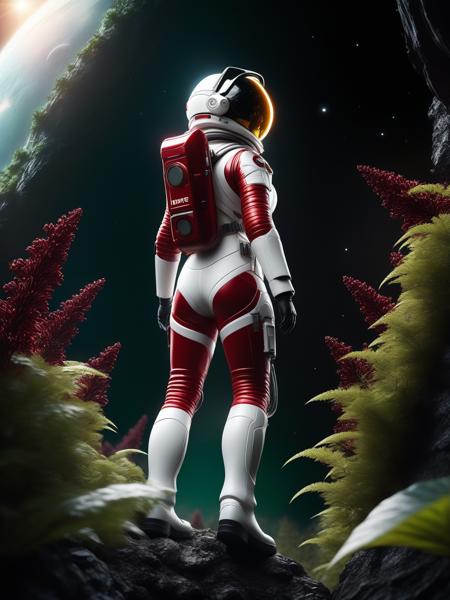 Highly detailed RAW color Photo, Rear Angle, Full Body, of (female space soldier, wearing vivid dark red and white space suit, helmet, tined face shield, rebreather, accentuated booty), outdoors, (looking up at advanced alien structure), toned body, big butt, (sci-fi), (mountains:1.1), (lush green vegetation), (two moons in sky:0.8), (highly detailed, hyperdetailed, intricate), (lens flare:0.7), (bloom:0.7), particle effects, raytracing, cinematic lighting, shallow depth of field, photographed on a Sony a9 II, 50mm wide angle lens, sharp focus, cinematic film still from Gravity 2013, (NSFW)