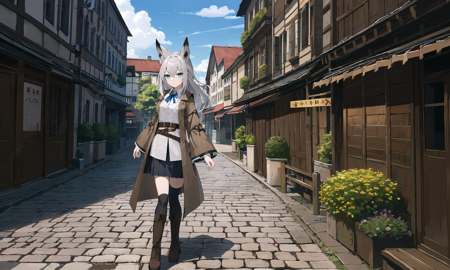 1girl, kwkzsdfa,kwkzmit,  (silver hair, dark blue eyes, long hair, long sleeves, ribbon, fox ears, animal ear fluff, solo, eyebrows visible through hair, hair between eyes, wide sleeves, detached sleeves:1.05),
(medieval clothes:1.3),(knee boots, brown footwear:1.01), black thighhighs, white shirt, medium skirt, black skirt, collared shirt, pleated skirt, zettai ryouiki, brown coat, coat, blue neck ribbon, belt, brown belt, open clothes, bangs, dress shirt, vest, brown vest,
BREAK full body, looking at viewer, medieval city, cobblestone road, wooden buildings, shop, barrels, signs, lanterns, street view, walking