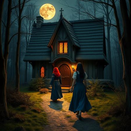 A highly detailed photograph of a gothic style medieval witches cottage, illuminated by a full moon, the cottage stands in woodlands, a narrow dusty path leads to the cottage door, where a red haired witch is standing, a dark haired woman in a blue dress makes her way along the path towards the her. Medieval fantasy setting, medieval fantasy world. fantasy character, RPG, DnD, trees, bushes