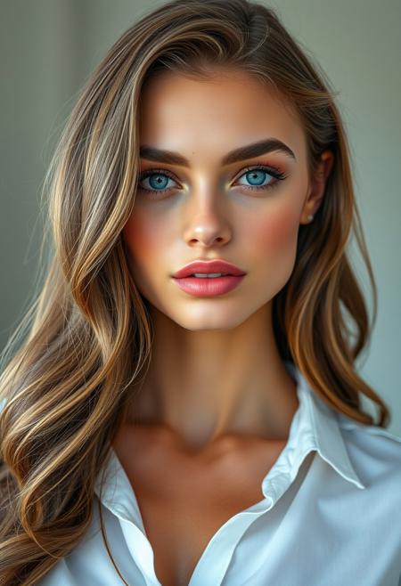 a stunning supermodel, a single girl with realistic features, she has long, wavy brown hair and striking blue eyes, detailed with mascara and delicate eyeshadow. Her face has a straight nose, thin lips, and parted lips revealing her teeth, all accentuated with lilac lipstick and a touch of blush. Her makeup is subtle and flawless, complementing her perfect skin. She wears a white blouse that highlights her collarbone
