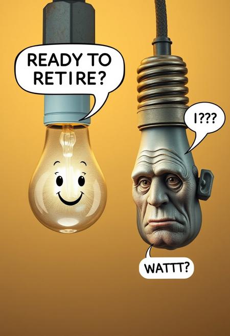 Create a hyper-realistic, hyper-detailed depiction of two upside-down light bulbs with expressive faces screwed into their own separate light fixtures, having a conversation with each other. One bulb, with a bright and cheerful face, shines radiantly and asks in a speech bubble "READY TO RETIRE?" The other bulb, with a worn and weary face, is elderly, dusty, and cracked, with a hearing aid visible behind its fixture. It replies in a speech bubble "WATT?", its response muffled and unclear due to its poor hearing. Style: hyper-realistic, detailed, humorous. Colors: warm white, yellow, gray, brown. Highest-Quality, 4k, Masterpiece