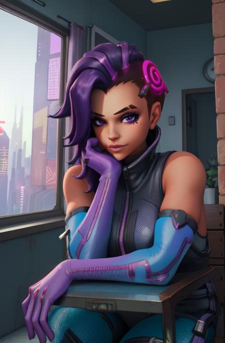 sombra, purple hair,  purple eyes, 
elbow gloves,  pantyhose,   purple bodysuit, 
sitting,   upper body,  looking at viewer, 
night, city,  indoors, 
(insanely detailed, beautiful detailed face, beautiful detailed eyes, masterpiece, best quality),solo, 
cyberpunk,  <lora:sombraOW2-10:0.8>