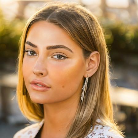 Madcline, 8k, RAW close-up photograph, standing in a garden, paris in the background, eifel tower, (((full body photograph))), golden hour, detailed face, detailed face