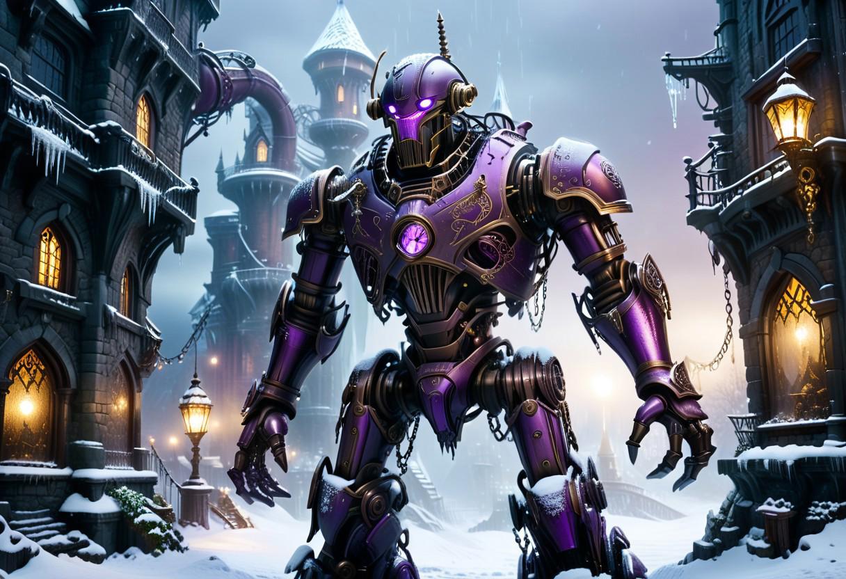 giant bipedal robot dark purple iron and bronze silver paisley robot. lacy robot metal dome head. outside of a steampunk keep. large detailed torso. dark image. one forty foot tall ancient robot with great arms and two heavy spring legs. dark foggy night background. $dark foggy night image only. dark photo realistic image. steampunk details. cogs, chains and pipes incorporated in the fantasy buildings.  magic wizards tower in background. snow banks ice storm blizzard.  $snow and icicles on top of robot. dark night