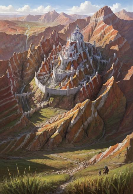Kholinar, castle at the bottom of a valley, city, colorful rock formations, grass, high fantasy realm, <lora:Kholinar_City_-_Stormlight_Archive:0.6>
