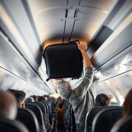 airplane aisle, airplane seats, open overhead storage bins that are above the seats, not over the aisle. beautiful white haired woman standing in an airplane aisle and lifting her luggage to fit it in the open airplane overhead bin above the seat to her right. Dismayed, she is having difficulties because the bin is too far from the aisle for her to carry overhead a heavy roll aboard. crowded airplane. indifferent passengers.