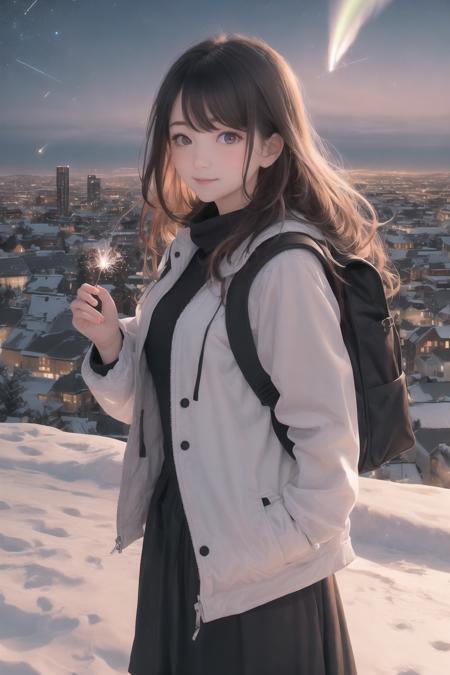 07326657352422The girl stood on the rooftop, looking at the viewer with a smile as she held her backpack and jacket The cityscape stretched opng