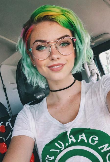 instagram photo, photo of a 28 y.o woman, short intricate hair, rainbow colored hair, green eyes, round glasses, freckles:.5, candy hairpin, mckennagrace, cute face, round face, Perfect detailed eyes, fair skin, wearing top with low neckline, slightsmile:.75, expressionless