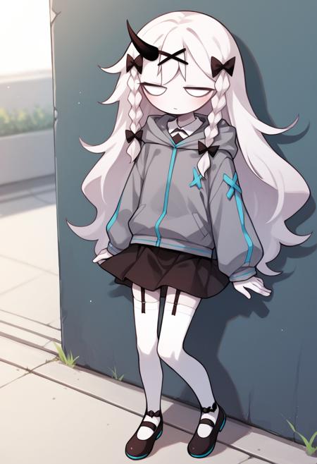 rasazyfnf chibi single horn, white eyes, no pupils, long hair, white hair, white skin, twin braids, x hair ornament, hair bow grey jacket, hood, long sleeves, cyan lines, black skirt, white thighhighs, bow, black garter straps, black footwear, shoes