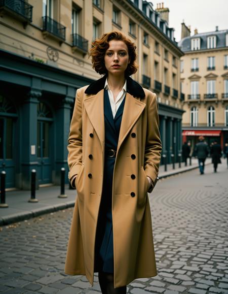 Jane_auburn, RAW full body analogue photo of a beautiful 20 years old woman, clear focus, 8K,Female Noir Detective, Paris, 1940s: 1 woman, (intelligent gaze) with [analytical mind], short styled curly hair hair, wearing a (feminine) coat with [noir] accessories, and a perceptive expression, inspired by the works of (Rene Gruau) and Jean Dubuffet, with (moody colors) and (expressive brushstrokes), characterized by (atmospheric composition) and sense of mystery, (noir atmosphere) and curious nature. ,photo Fantasy art combining the styles of Boris Vellejo and Luis Royo,Photorealistic, real photo, god rays, 1girl, 21yo,realistic, <lora:Jane_Auburn_SDXL:0.6>