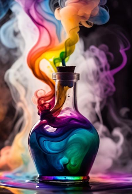 a bottle of potion filled with multicolored liquid, there is a smoky haze coming out of the top made of multicolored swirling ink, bokeh,