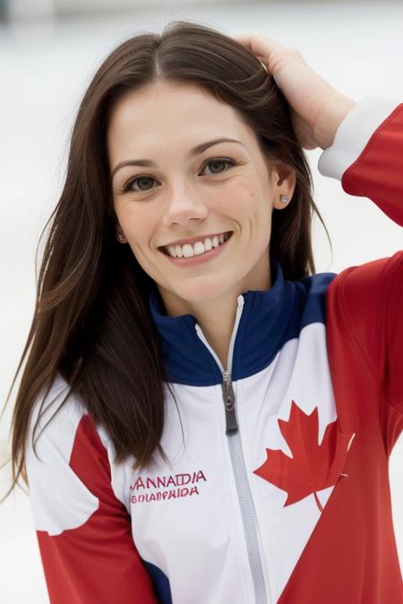 JamieSale, ((ice skating, ice rink, ice skates)), Olympics, gold medal around neck, waving to crowd, arena, (shoulder-length hair, triangular hairdo, straight hair:1.2), (20 years old), smile:2, laughing:1.3, (red Canada sports uniform:1.3), head tilt, modelshoot, pose, in love, ((masterpiece, best quality, extremely detailed, perfect face, perfect body:1.2)), smile:1.2, closeup on upper body