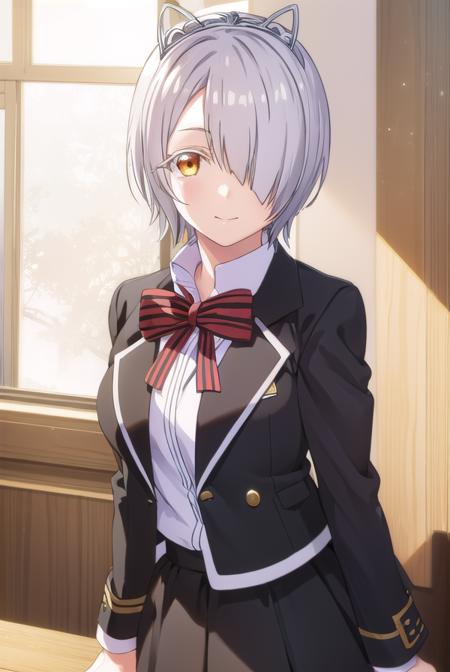 chartreuxwestia, <lora:chartreux westia s1-lora-nochekaiser:1>,
chartreux westia, short hair, bangs, (yellow eyes:1.3), grey hair, (hair over one eye:1.5), smile,
BREAK skirt, shirt, bow, school uniform, jacket, white shirt, striped, bowtie, black skirt, red bow, white jacket, tiara, striped bow,
BREAK indoors, classroom,
BREAK looking at viewer, (cowboy shot:1.5),
BREAK <lyco:GoodHands-beta2:1>, (masterpiece:1.2), best quality, high resolution, unity 8k wallpaper, (illustration:0.8), (beautiful detailed eyes:1.6), extremely detailed face, perfect lighting, extremely detailed CG, (perfect hands, perfect anatomy),