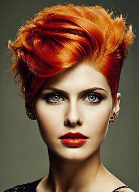 portrait of sks woman by Flora Borsi, style by Flora Borsi, bold, bright colours, orange Mohawk haircut, ((Flora Borsi)), <lora:locon_alexandra_v1_from_v1_64_32:1.3>